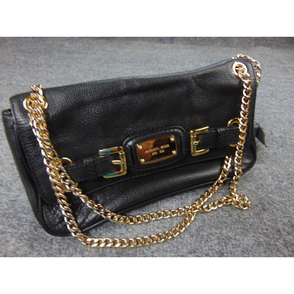 Michael Kors Bedford Black Leather‎ Gold Chain Strap Flap Clutch Crossbody Bag
